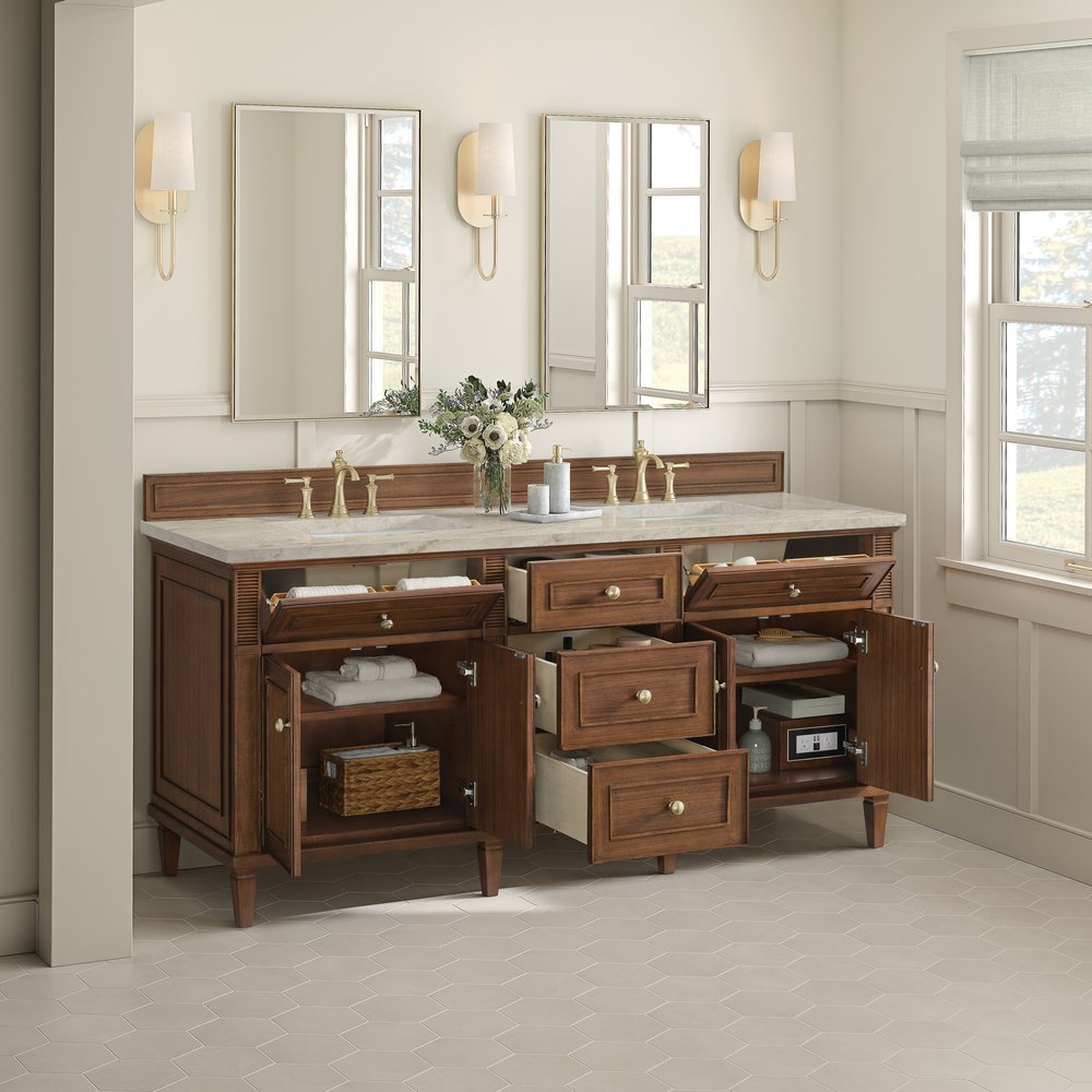 James Martin - Lorelai 72" Double Vanity, Mid-Century Walnut, w/ 3 CM Tajnar Eclos Top w/FreePower Wireless Charger - 424-V72-WLT-FTJR view 5