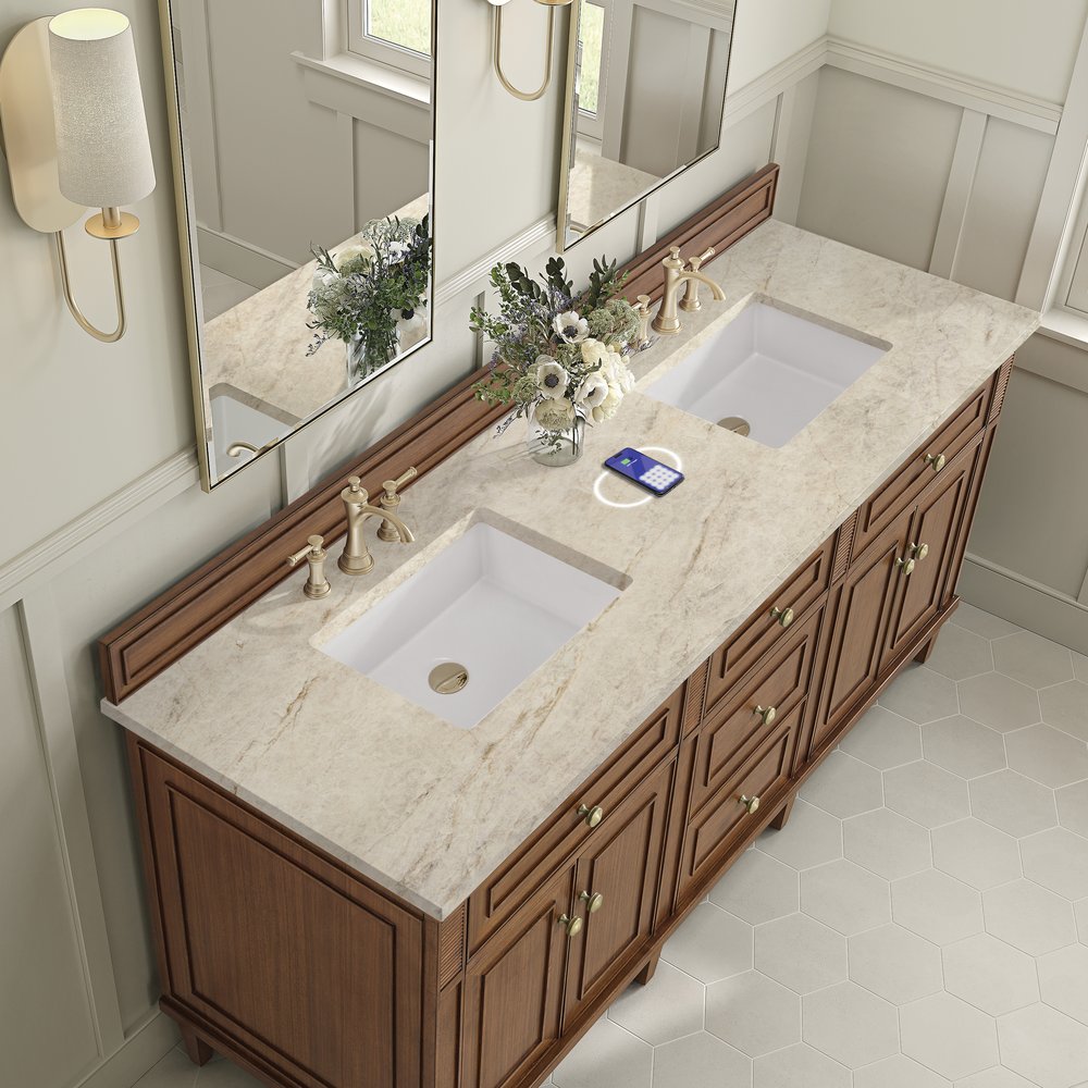 James Martin - Lorelai 72" Double Vanity, Mid-Century Walnut, w/ 3 CM Tajnar Eclos Top w/FreePower Wireless Charger - 424-V72-WLT-FTJR view 7