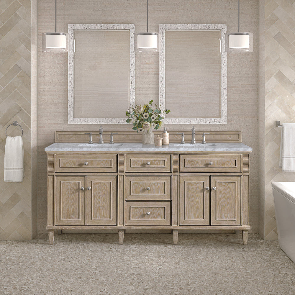 James Martin - Lorelai 72" Double Vanity, Whitewashed Oak w/ 3 CM Carrara White Marble Top - 424-V72-WWO-3CAR view 3