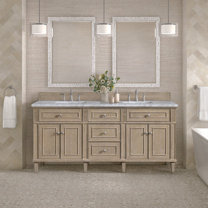 James Martin - Lorelai 72" Double Vanity, Whitewashed Oak w/ 3 CM Carrara White Marble Top - 424-V72-WWO-3CAR view 3