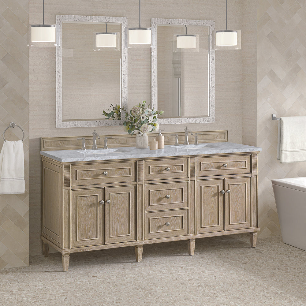 James Martin - Lorelai 72" Double Vanity, Whitewashed Oak w/ 3 CM Carrara White Marble Top - 424-V72-WWO-3CAR view 4