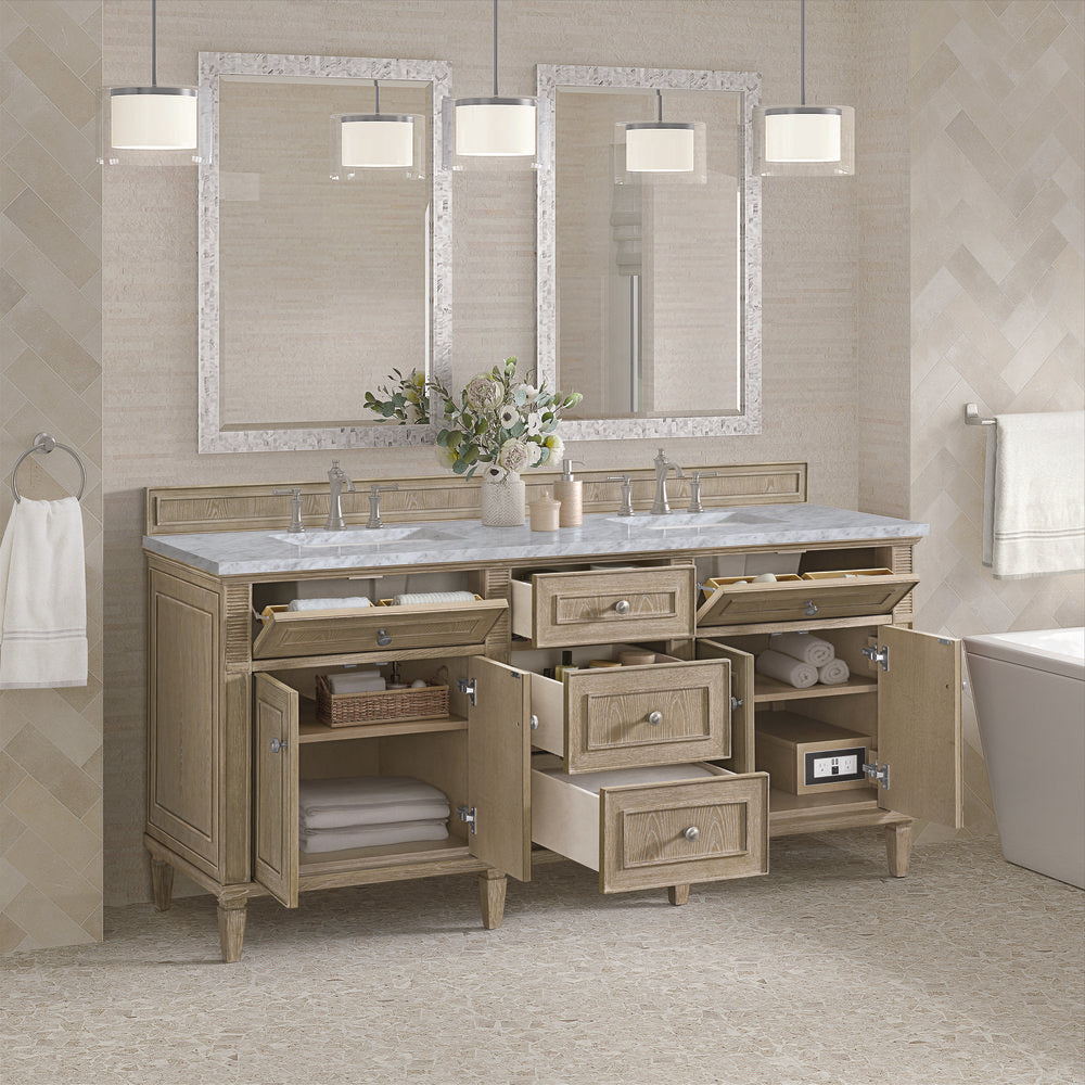 James Martin - Lorelai 72" Double Vanity, Whitewashed Oak w/ 3 CM Carrara White Marble Top - 424-V72-WWO-3CAR view 5