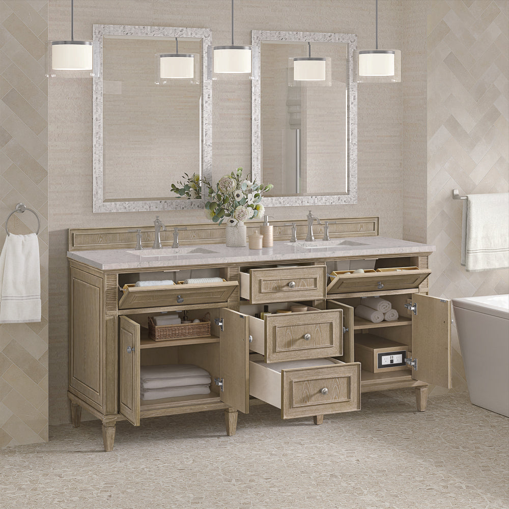 James Martin - Lorelai 72" Double Vanity, Whitewashed Oak w/ 3 CM Eternal Jasmine Pearl Silestone Top w/FreePower Wireless Charger - 424-V72-WWO-FEJP view 6