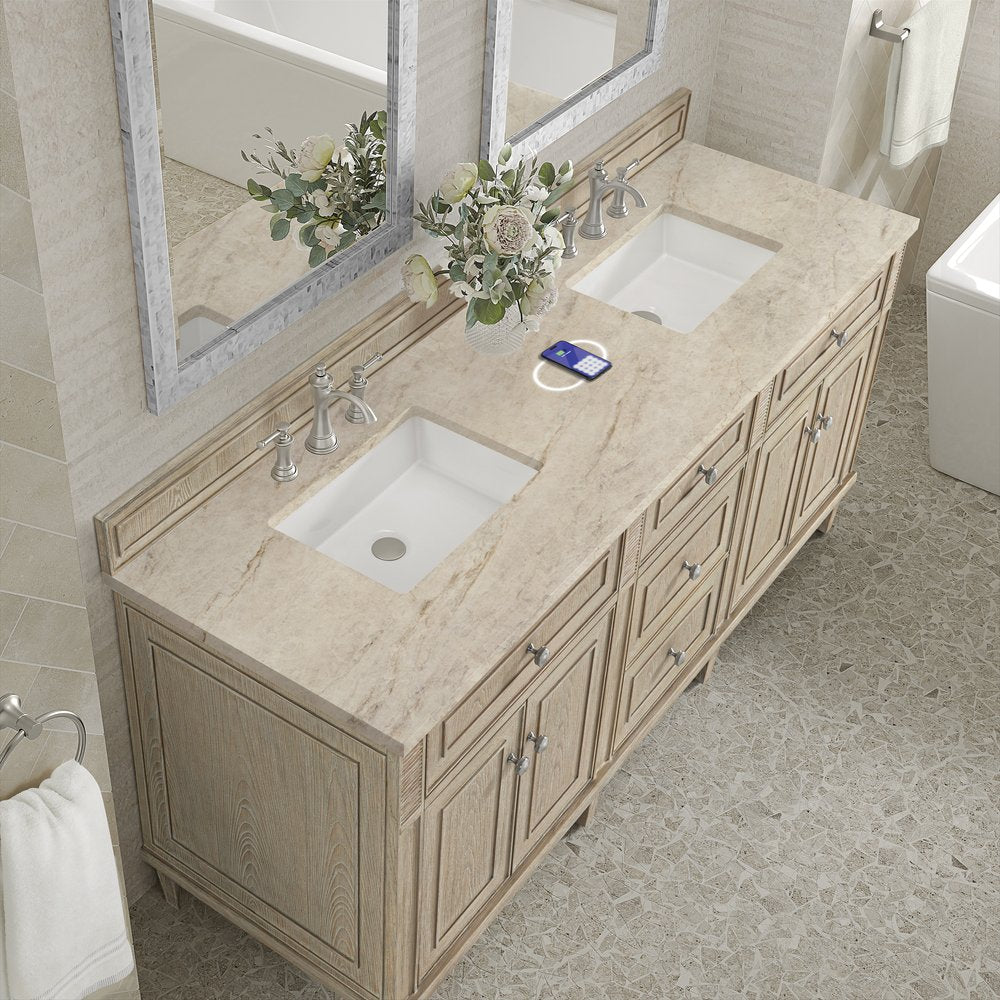 James Martin - Lorelai 72" Double Vanity, Whitewashed Oak, w/ 3 CM Tajnar Eclos Top w/FreePower Wireless Charger - 424-V72-WWO-FTJR view 7
