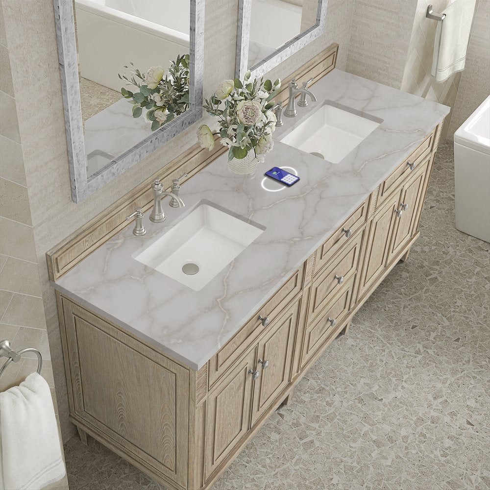 James Martin - Lorelai 72" Double Vanity, Whitewashed Oak w/ 3 CM Victorian Silver Silestone Top w/FreePower Wireless Charger - 424-V72-WWO-FVSL view 8