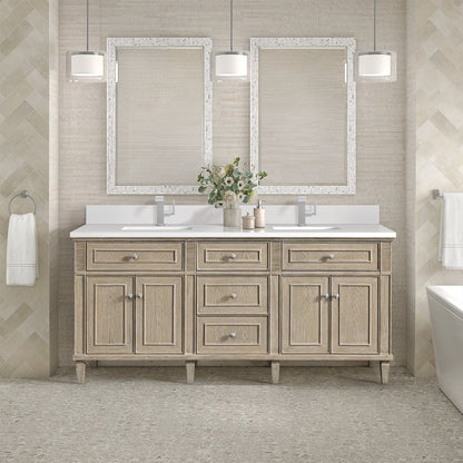 James Martin - Lorelai 72" Double Vanity, Whitewashed Oak w/ Single Hole 3 CM White Zeus Silestone Top & Backsplash - 424-V72-WWO-1WZ view 2