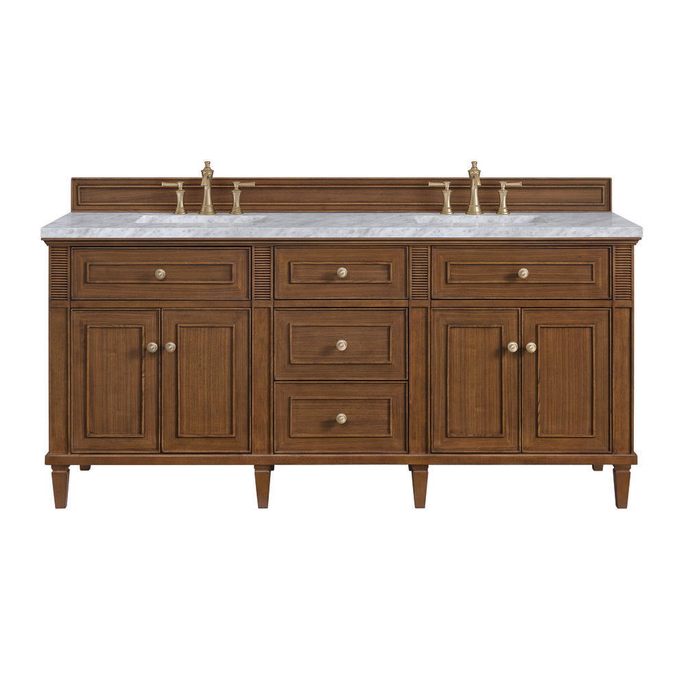 James Martin - Lorelai 72"Double Vanity, Mid-Century Walnut w/ 3 CM Carrara White Marble Top - 424-V72-WLT-3CAR view 1