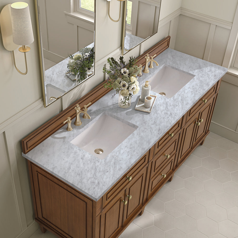 James Martin - Lorelai 72"Double Vanity, Mid-Century Walnut w/ 3 CM Carrara White Marble Top - 424-V72-WLT-3CAR view 7