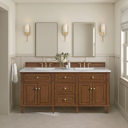 James Martin - Lorelai 72"Double Vanity, Mid-Century Walnut w/ 3 CM Ethereal Noctis Silestone Top w/FreePower Wireless Charger - 424-V72-WLT-FENC view 4