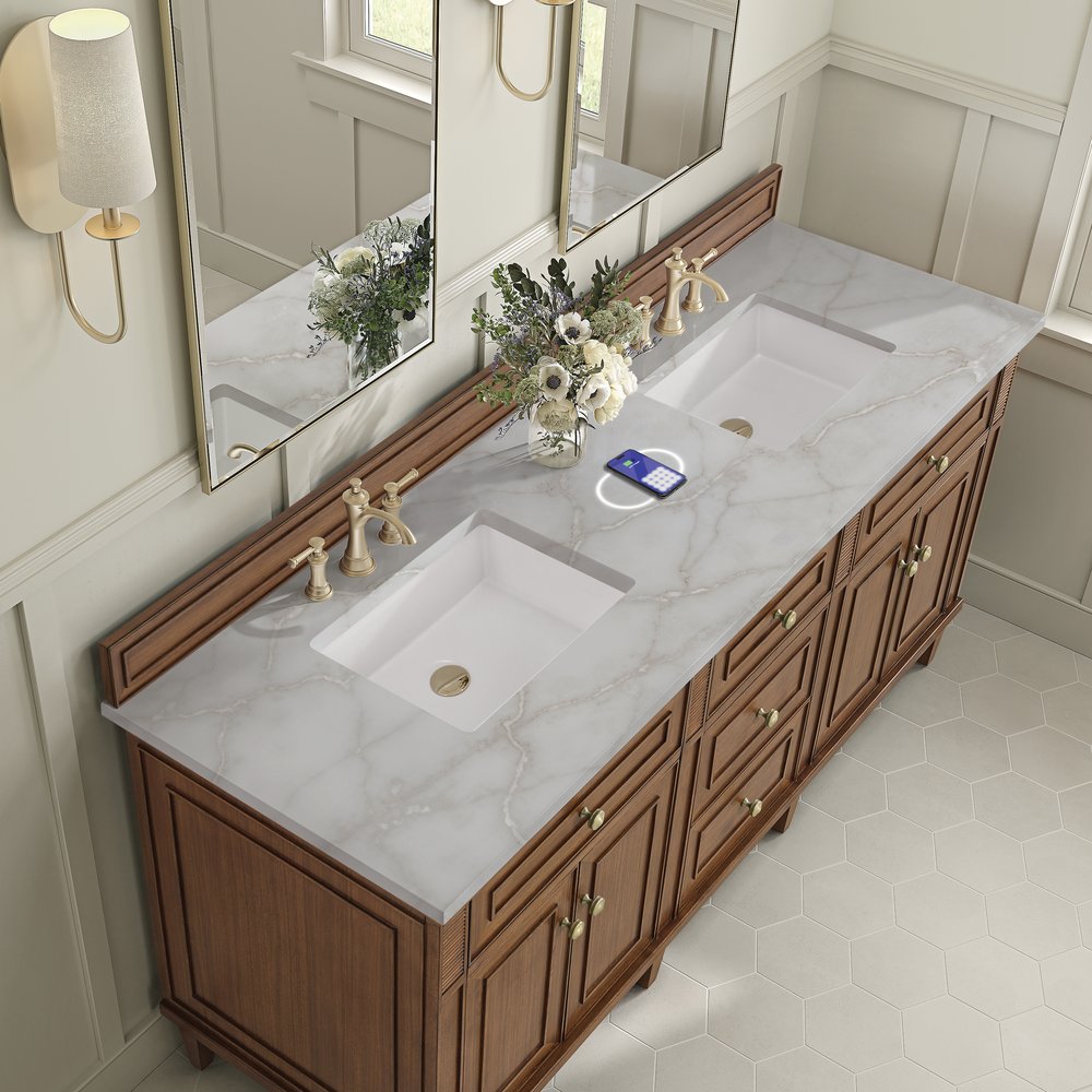 James Martin - Lorelai 72"Double Vanity, Mid-Century Walnut w/ 3 CM Victorian Silver Silestone Top w/FreePower Wireless Charger - 424-V72-WLT-FVSL view 8