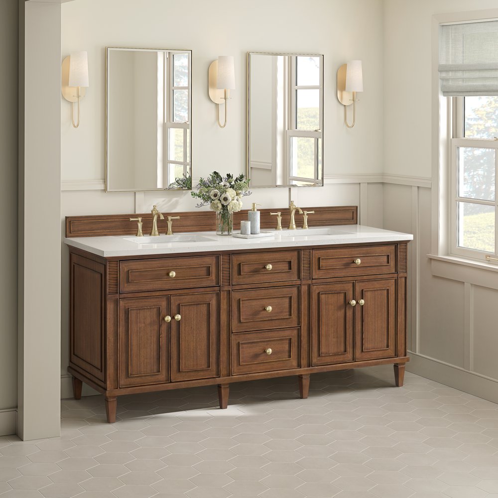 James Martin - Lorelai 72"Double Vanity, Mid-Century Walnut w/ 3 CM White Zeus Silestone Top - 424-V72-WLT-3WZ view 4