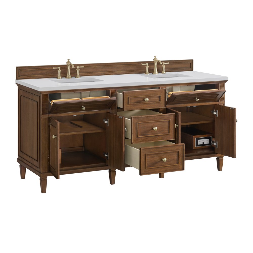 James Martin - Lorelai 72"Double Vanity, Mid-Century Walnut w/ 3 CM White Zeus Silestone Top - 424-V72-WLT-3WZ view 9