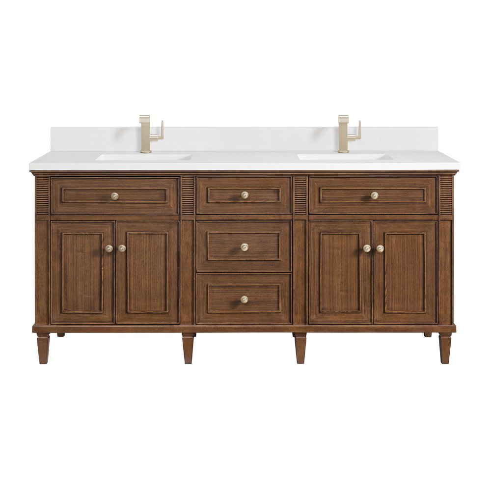 James Martin - Lorelai 72"Double Vanity, Mid-Century Walnut w/ Single Hole 3 CM White Zeus Silestone Top & Backsplash - 424-V72-WLT-1WZ view 1