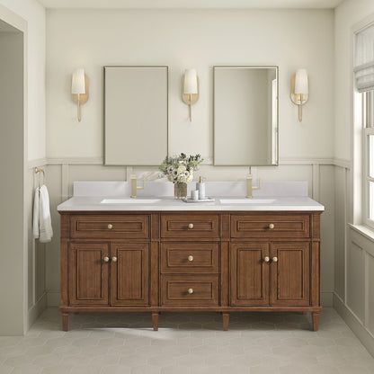 James Martin - Lorelai 72"Double Vanity, Mid-Century Walnut w/ Single Hole 3 CM White Zeus Silestone Top & Backsplash - 424-V72-WLT-1WZ view 2