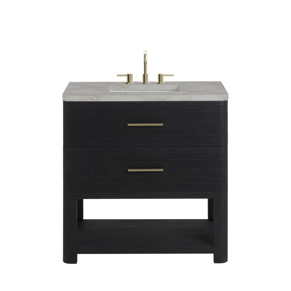 James Martin - Lucian 36" Single Vanity, Carbon Oak w/ 3 CM Victorian Silver Silestone Widespread Top - D704-V36-CBO-WVSL view 1