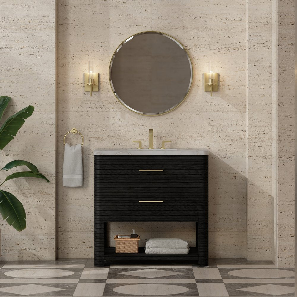 James Martin - Lucian 36" Single Vanity, Carbon Oak w/ 3 CM Victorian Silver Silestone Widespread Top - D704-V36-CBO-WVSL view 2
