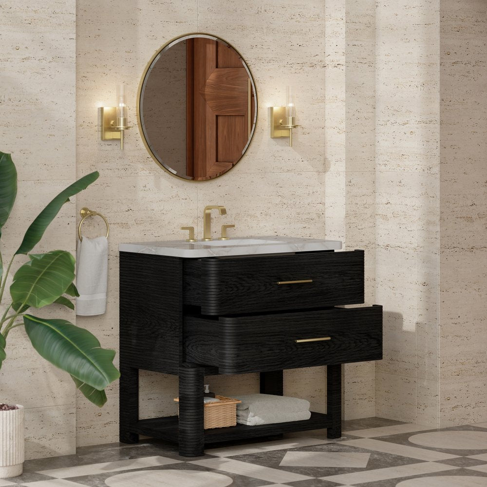 James Martin - Lucian 36" Single Vanity, Carbon Oak w/ 3 CM Victorian Silver Silestone Widespread Top - D704-V36-CBO-WVSL view 4