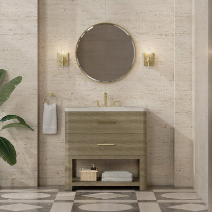James Martin - Lucian 36" Single Vanity, Pebble Oak, w/ 3 CM Siberian Silestone Widespread Top - D704-V36-PBO-WSFR view 2