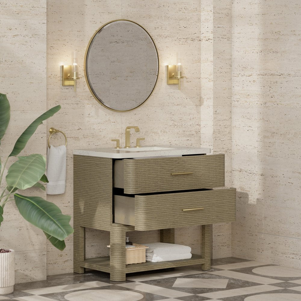 James Martin - Lucian 36" Single Vanity, Pebble Oak, w/ 3 CM Siberian Silestone Widespread Top - D704-V36-PBO-WSFR view 4