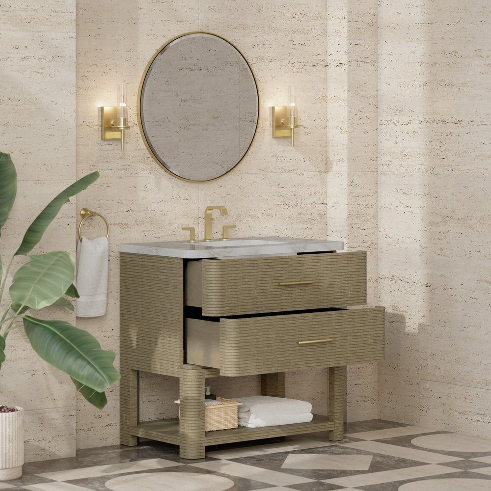 James Martin - Lucian 36" Single Vanity, Pebble Oak w/ 3 CM Victorian Silver Silestone Widespread Top - D704-V36-PBO-WVSL view 4