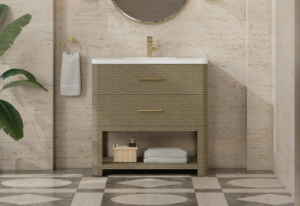 James Martin - Lucian 36" Single Vanity, Pebble Oak w/ 3 CM White Zeus Silestone Top - D704-V36-PBO-3WZ view 1