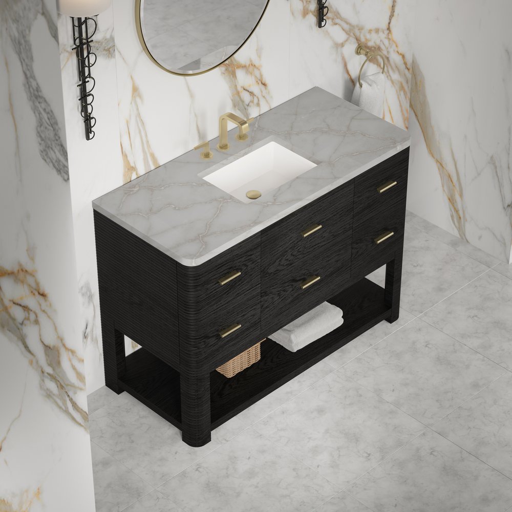 James Martin - Lucian 48" Single Vanity, Carbon Oak w/ 3 CM Victorian Silver Silestone Widespread Top - D704-V48-CBO-WVSL view 5