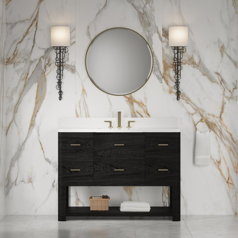 James Martin - Lucian 48" Single Vanity, Carbon Oak w/ 3 CM White Zeus Silestone Widespread Top - D704-V48-CBO-WWZ view 3