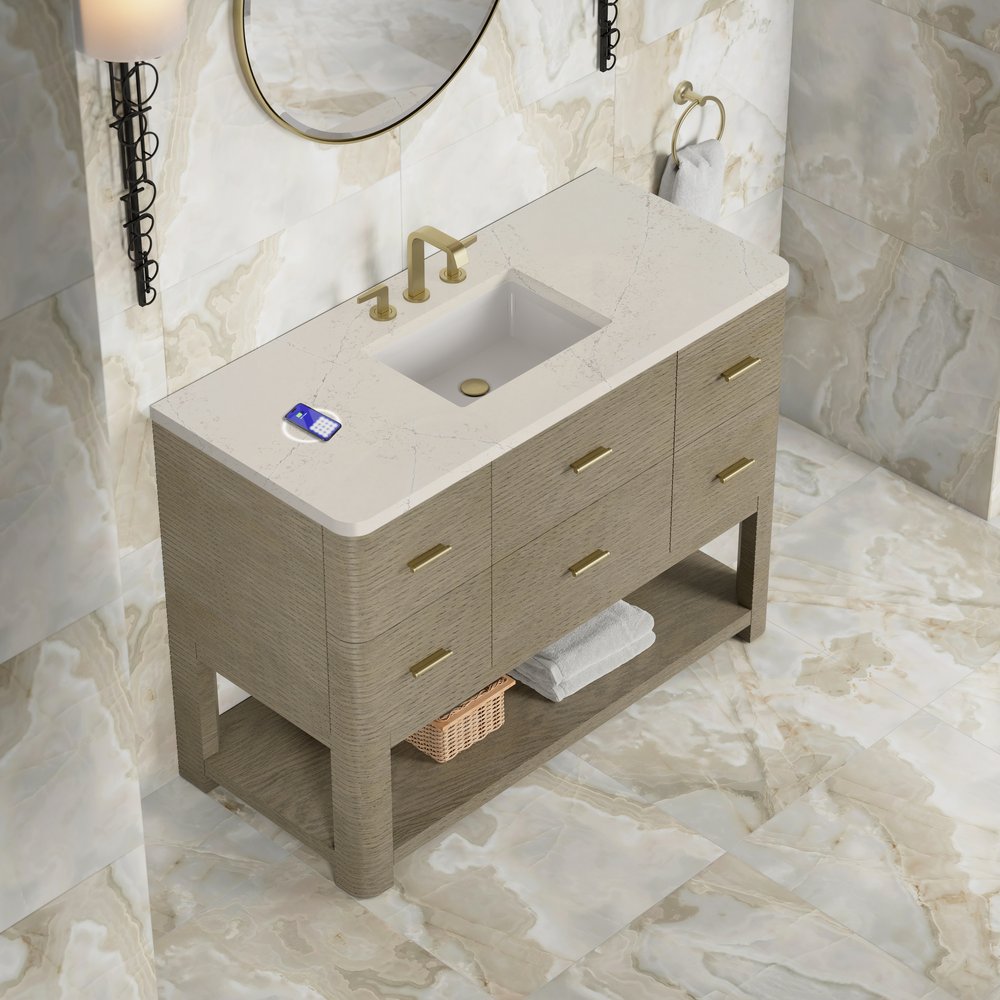 James Martin - Lucian 48" Single Vanity, Pebble Oak, w/ 3 CM Siberian Silestone Top w/FreePower Wireless Charger - D704-V48-PBO-FSFR view 5