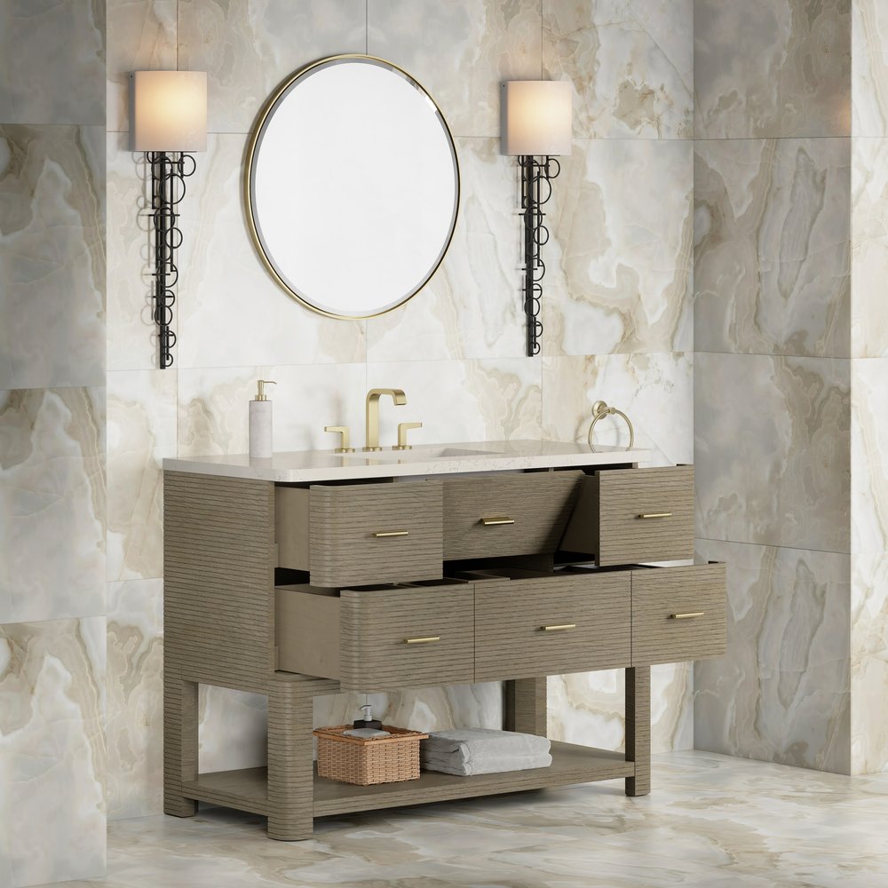 James Martin - Lucian 48" Single Vanity, Pebble Oak, w/ 3 CM Siberian Silestone Widespread Top - D704-V48-PBO-WSFR view 4