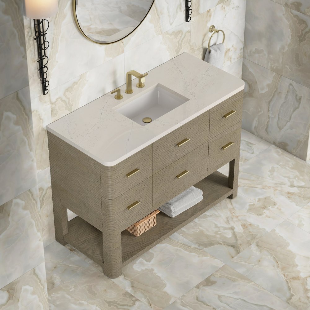 James Martin - Lucian 48" Single Vanity, Pebble Oak, w/ 3 CM Siberian Silestone Widespread Top - D704-V48-PBO-WSFR view 5