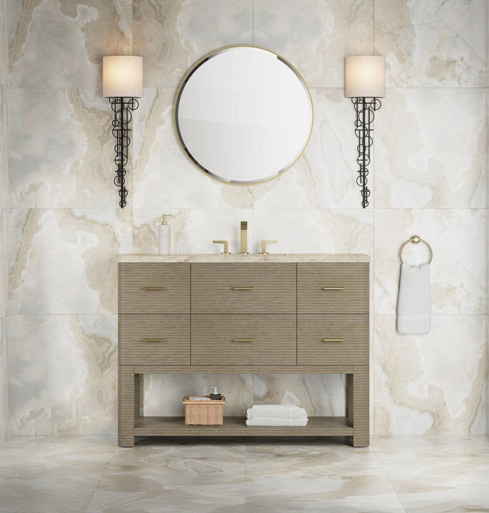 James Martin - Lucian 48" Single Vanity, Pebble Oak, w/ 3 CM Tajnar Eclos Widespread Top - D704-V48-PBO-WTJR view 2