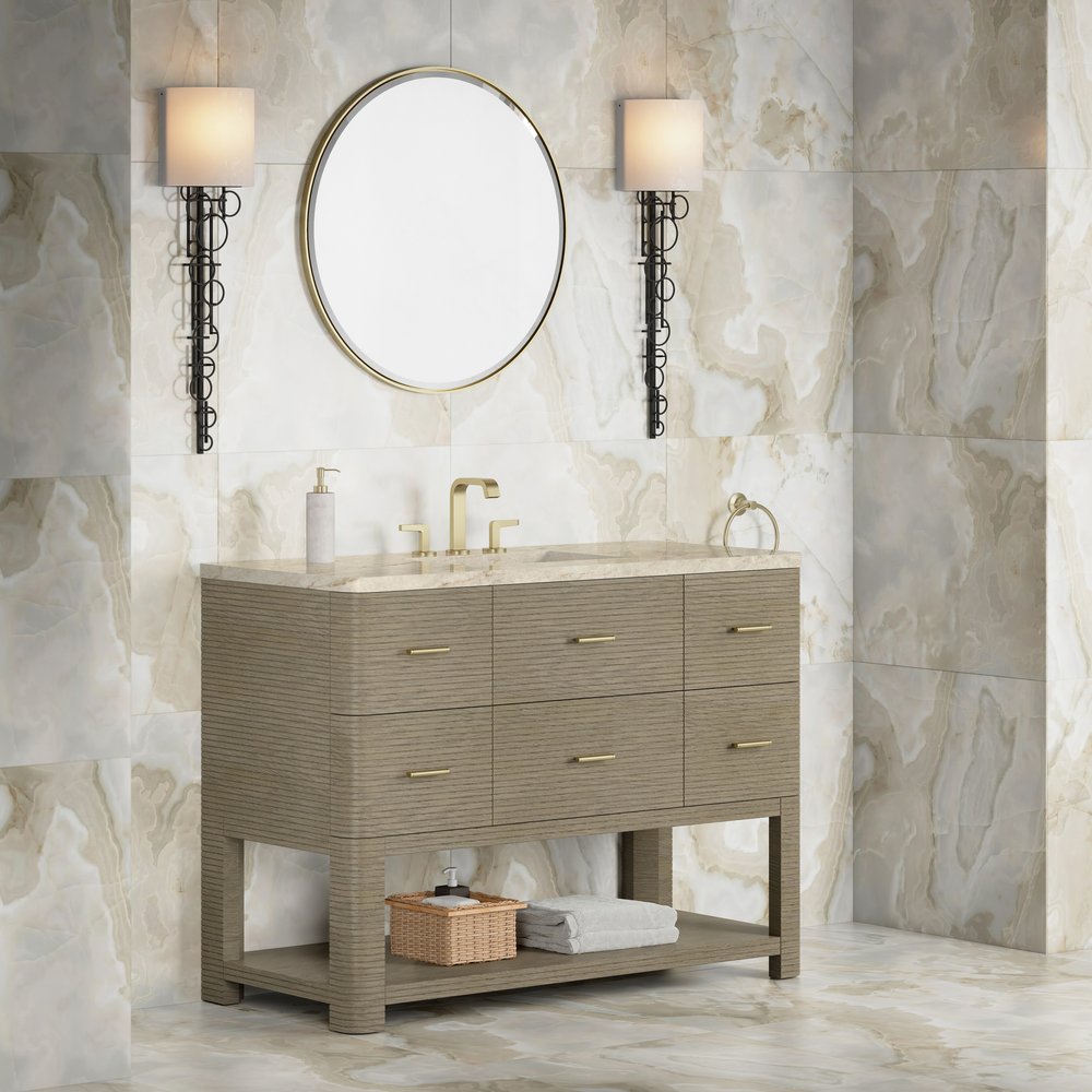James Martin - Lucian 48" Single Vanity, Pebble Oak, w/ 3 CM Tajnar Eclos Widespread Top - D704-V48-PBO-WTJR view 3