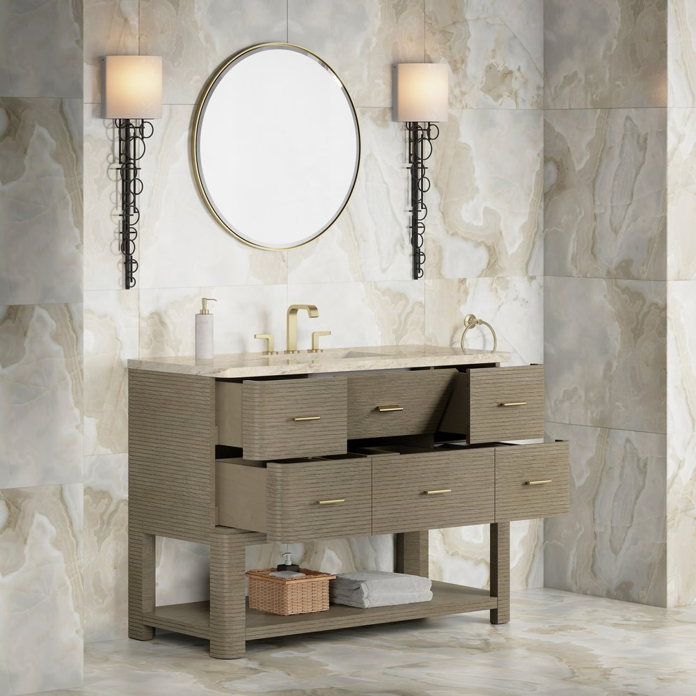 James Martin - Lucian 48" Single Vanity, Pebble Oak, w/ 3 CM Tajnar Eclos Widespread Top - D704-V48-PBO-WTJR view 4