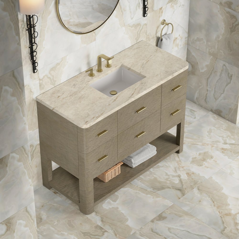 James Martin - Lucian 48" Single Vanity, Pebble Oak, w/ 3 CM Tajnar Eclos Widespread Top - D704-V48-PBO-WTJR view 5