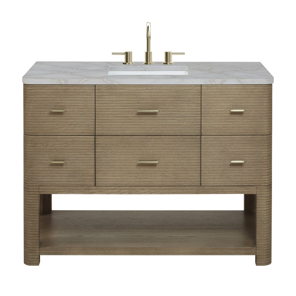 James Martin - Lucian 48" Single Vanity, Pebble Oak w/ 3 CM Victorian Silver Silestone Widespread Top - D704-V48-PBO-WVSL view 1
