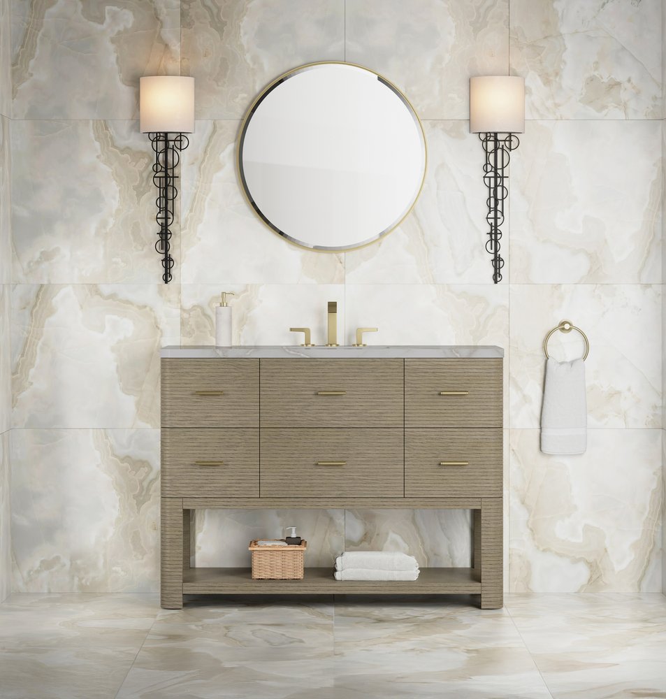James Martin - Lucian 48" Single Vanity, Pebble Oak w/ 3 CM Victorian Silver Silestone Widespread Top - D704-V48-PBO-WVSL view 2