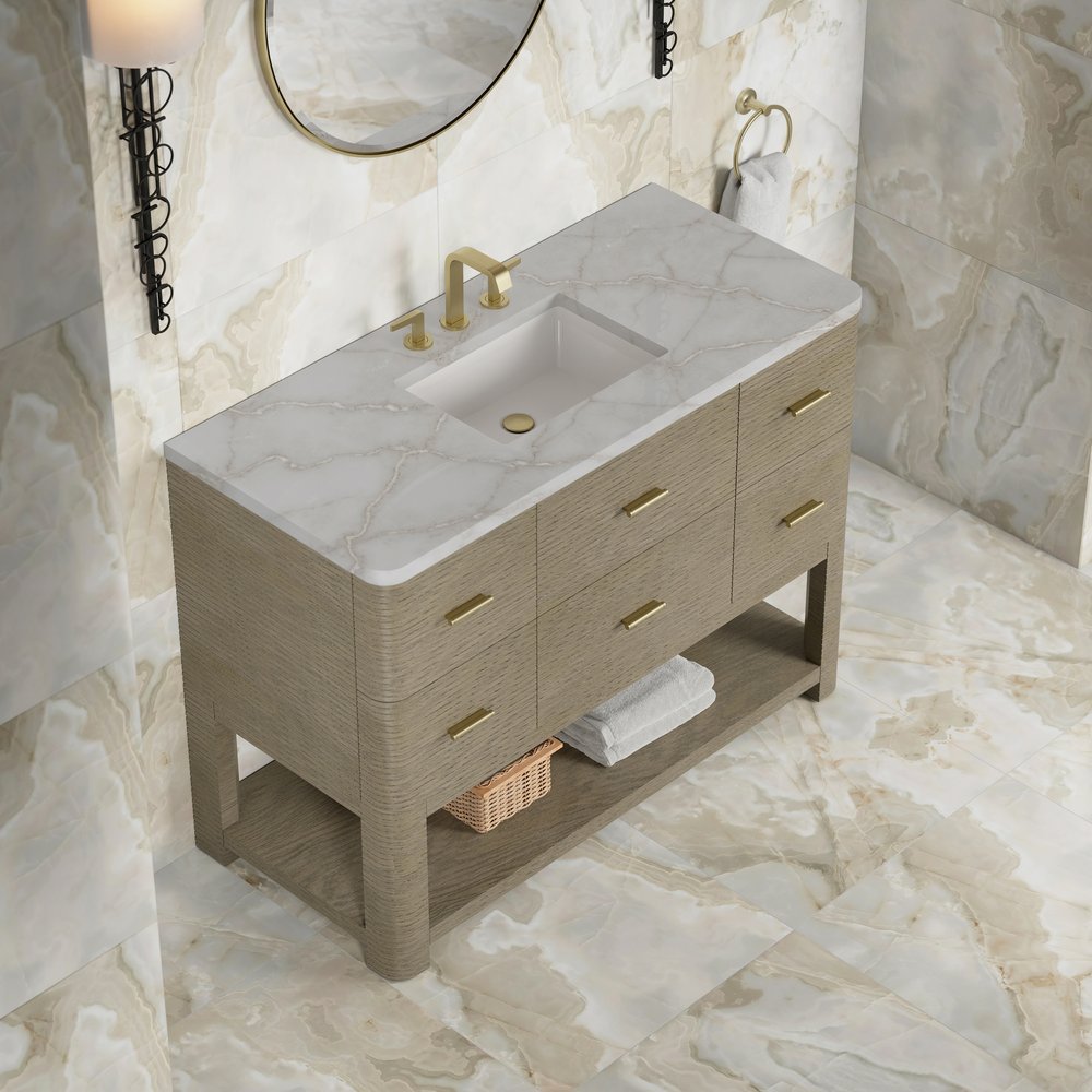 James Martin - Lucian 48" Single Vanity, Pebble Oak w/ 3 CM Victorian Silver Silestone Widespread Top - D704-V48-PBO-WVSL view 5