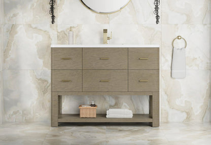 James Martin - Lucian 48" Single Vanity, Pebble Oak w/ 3 CM White Zeus Silestone Top - D704-V48-PBO-3WZ view 1