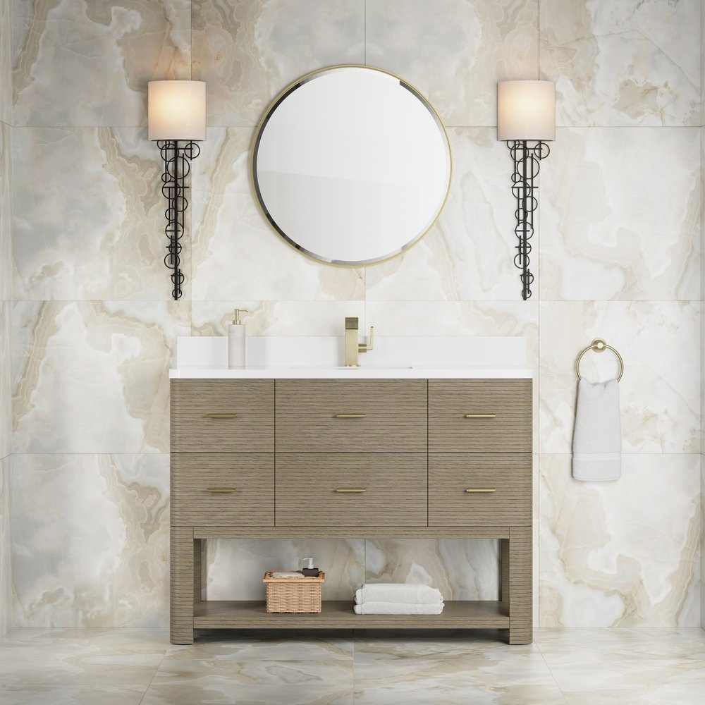 James Martin - Lucian 48" Single Vanity, Pebble Oak w/ 3 CM White Zeus Silestone Top - D704-V48-PBO-3WZ view 2