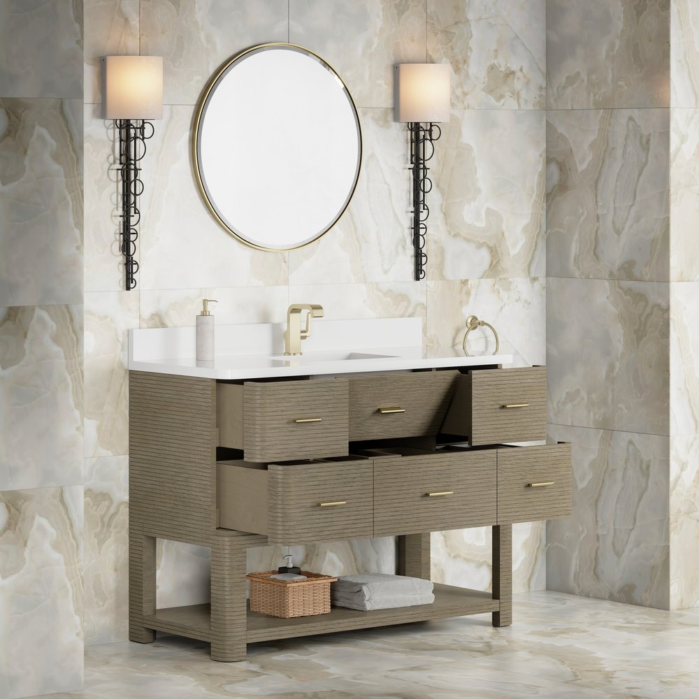 James Martin - Lucian 48" Single Vanity, Pebble Oak w/ 3 CM White Zeus Silestone Top - D704-V48-PBO-3WZ view 6