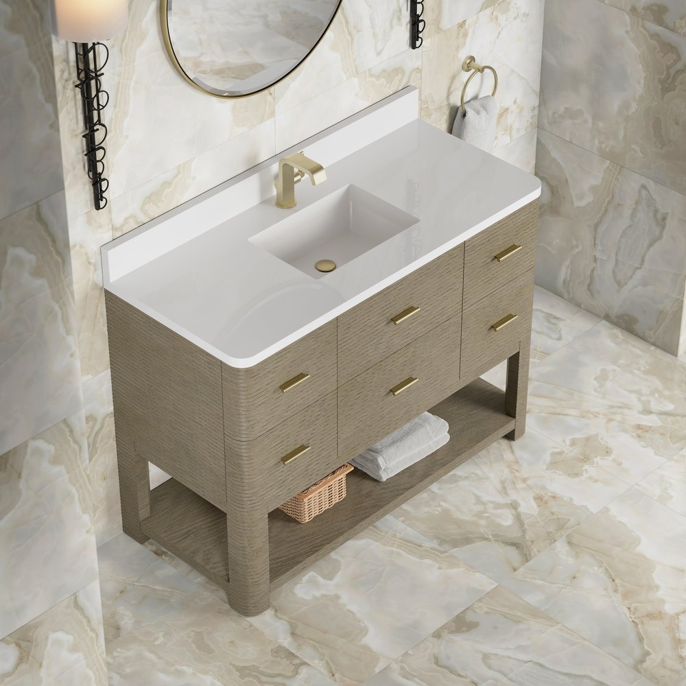 James Martin - Lucian 48" Single Vanity, Pebble Oak w/ 3 CM White Zeus Silestone Top - D704-V48-PBO-3WZ view 9