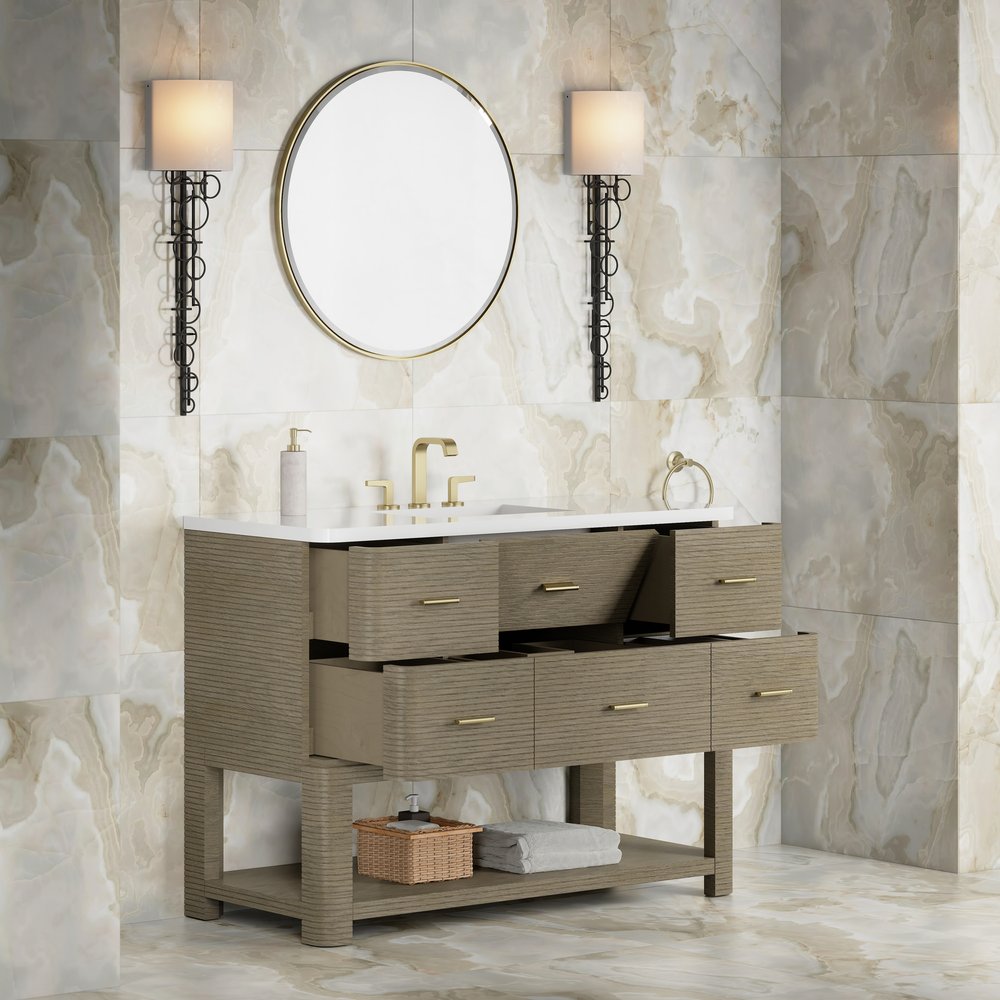 James Martin - Lucian 48" Single Vanity, Pebble Oak w/ 3 CM White Zeus Silestone Widespread Top - D704-V48-PBO-WWZ view 6