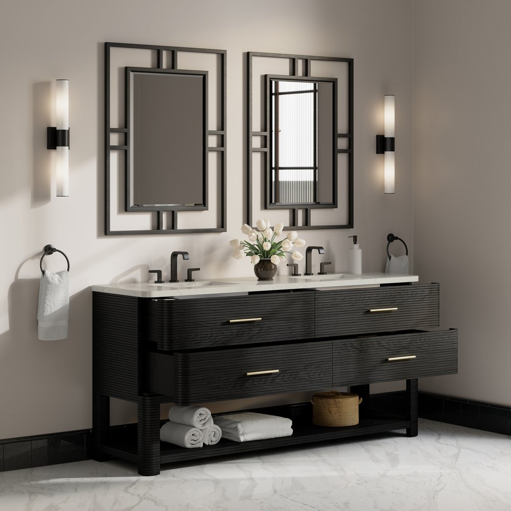James Martin - Lucian 72" Double Vanity, Carbon Oak, w/ 3 CM Siberian Silestone Widespread Top - D704-V72-CBO-WSFR view 4