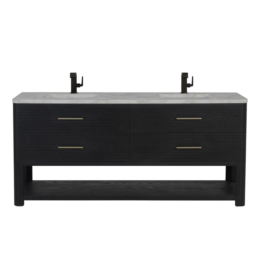 James Martin - Lucian 72" Double Vanity, Carbon Oak w/ 3 CM Victorian Silver Silestone Top - D704-V72-CBO-3VSL view 1