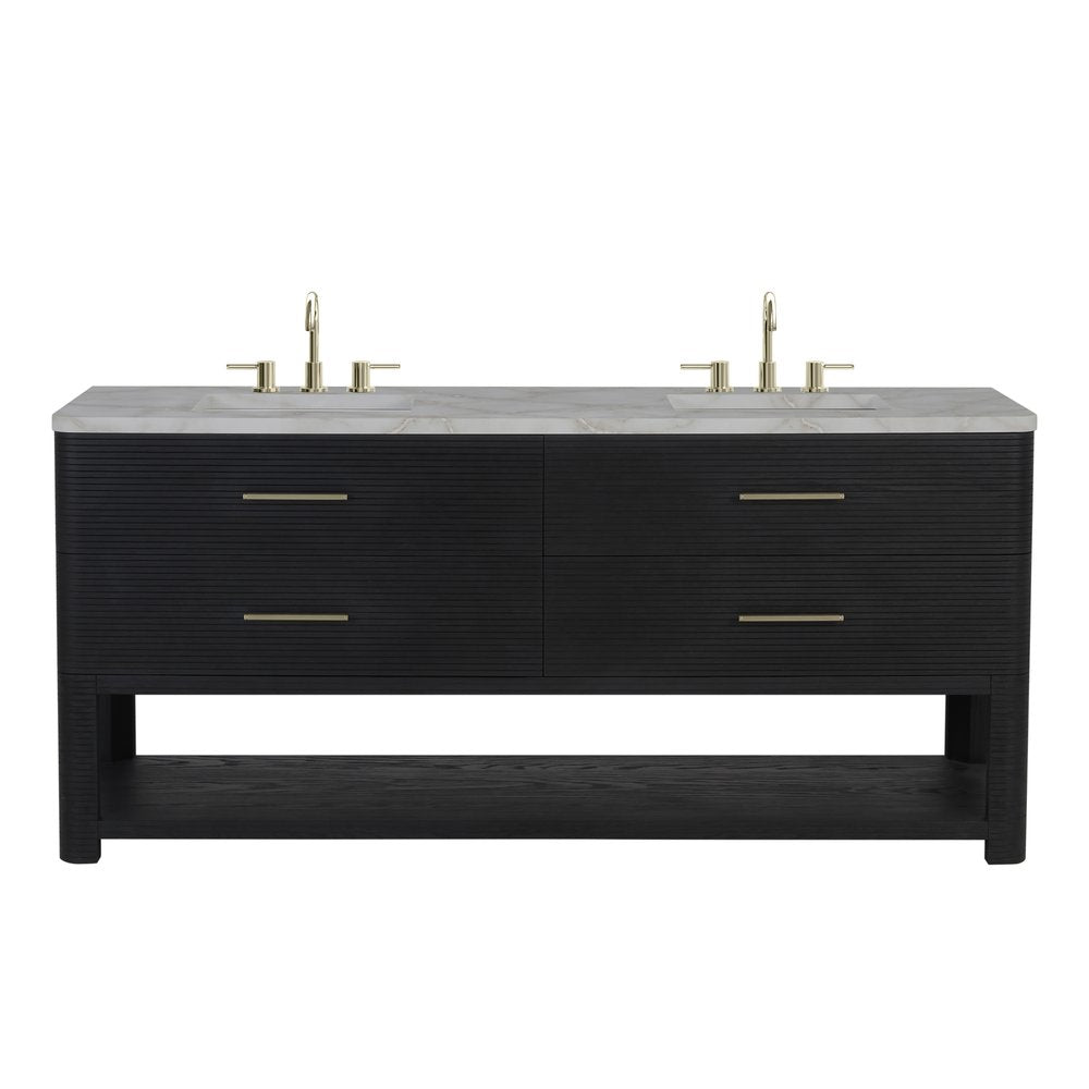 James Martin - Lucian 72" Double Vanity, Carbon Oak w/ 3 CM Victorian Silver Silestone Widespread Top - D704-V72-CBO-WVSL view 1