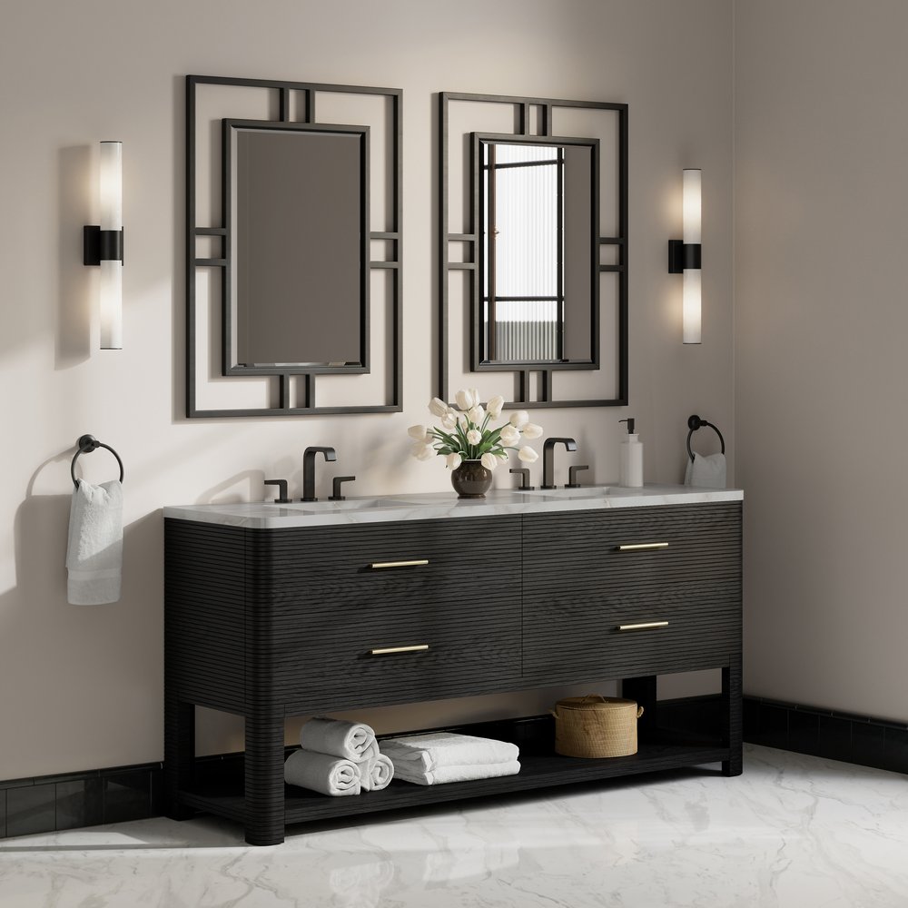 James Martin - Lucian 72" Double Vanity, Carbon Oak w/ 3 CM Victorian Silver Silestone Widespread Top - D704-V72-CBO-WVSL view 3
