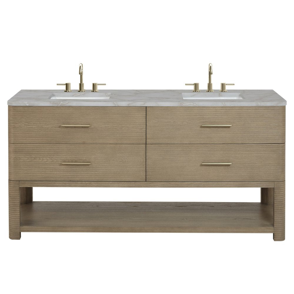 James Martin - Lucian 72" Double Vanity, Pebble Oak w/ 3 CM Victorian Silver Silestone Top w/FreePower Wireless Charger - D704-V72-PBO-FVSL view 1