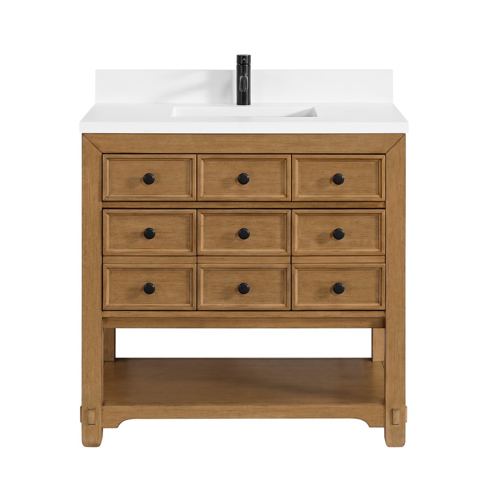 James Martin - Malibu 36" Single Vanity, Amber Birch w/ Single Hole 3 CM White Zeus Top & Backsplash - 505-V36-AMB-1WZ view 1
