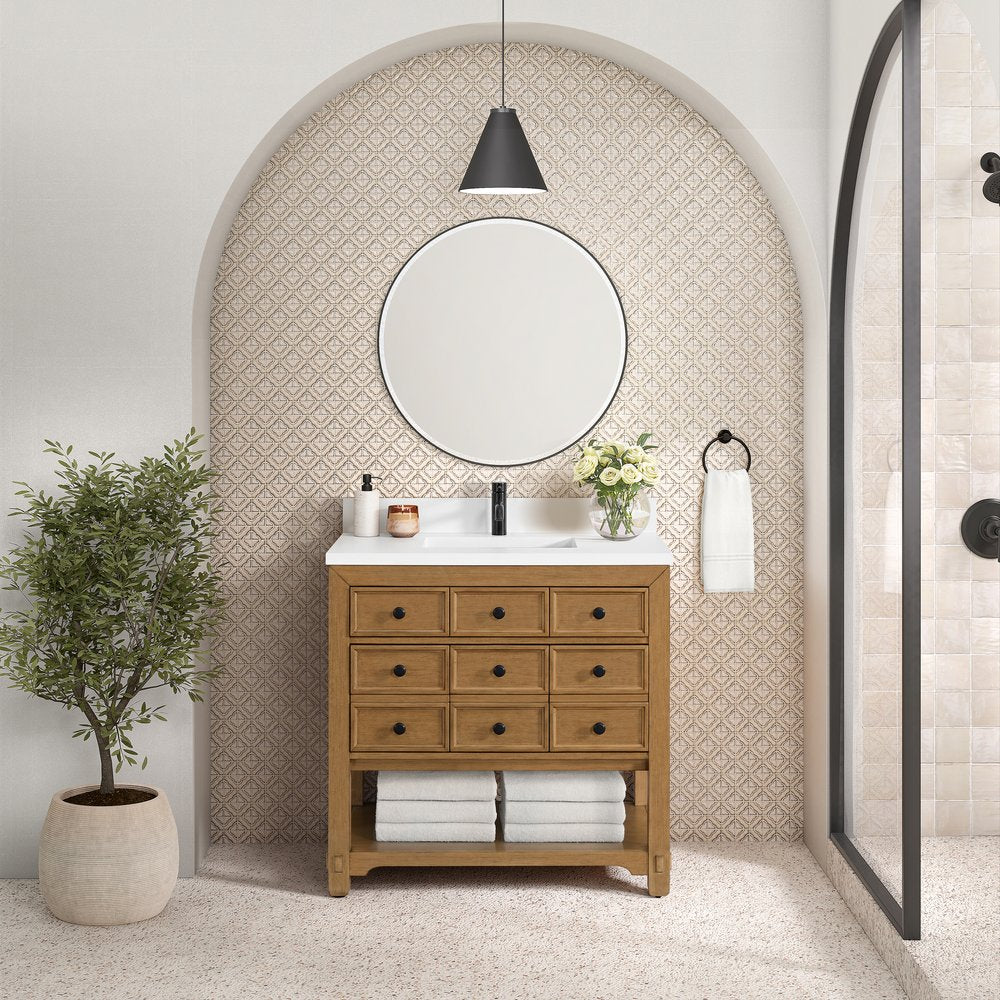 James Martin - Malibu 36" Single Vanity, Amber Birch w/ Single Hole 3 CM White Zeus Top & Backsplash - 505-V36-AMB-1WZ view 3