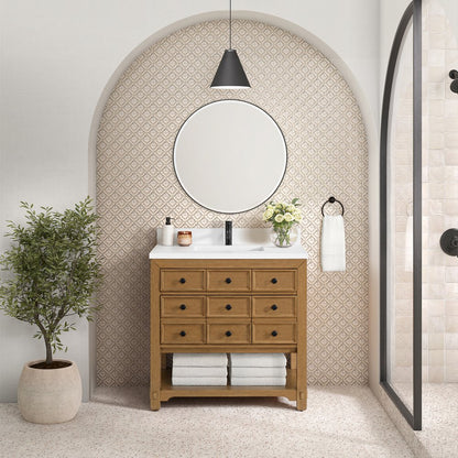 James Martin - Malibu 36" Single Vanity, Amber Birch w/ Single Hole 3 CM White Zeus Top & Backsplash - 505-V36-AMB-1WZ view 3